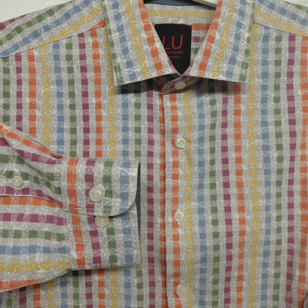 Linea Uomo Button Up Shirt Mens XL Paisley Mutil Color Stripe Long Sleeve Collar